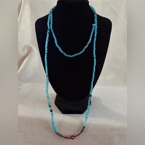 Turquoise Beaded Long Necklace with Red Accent